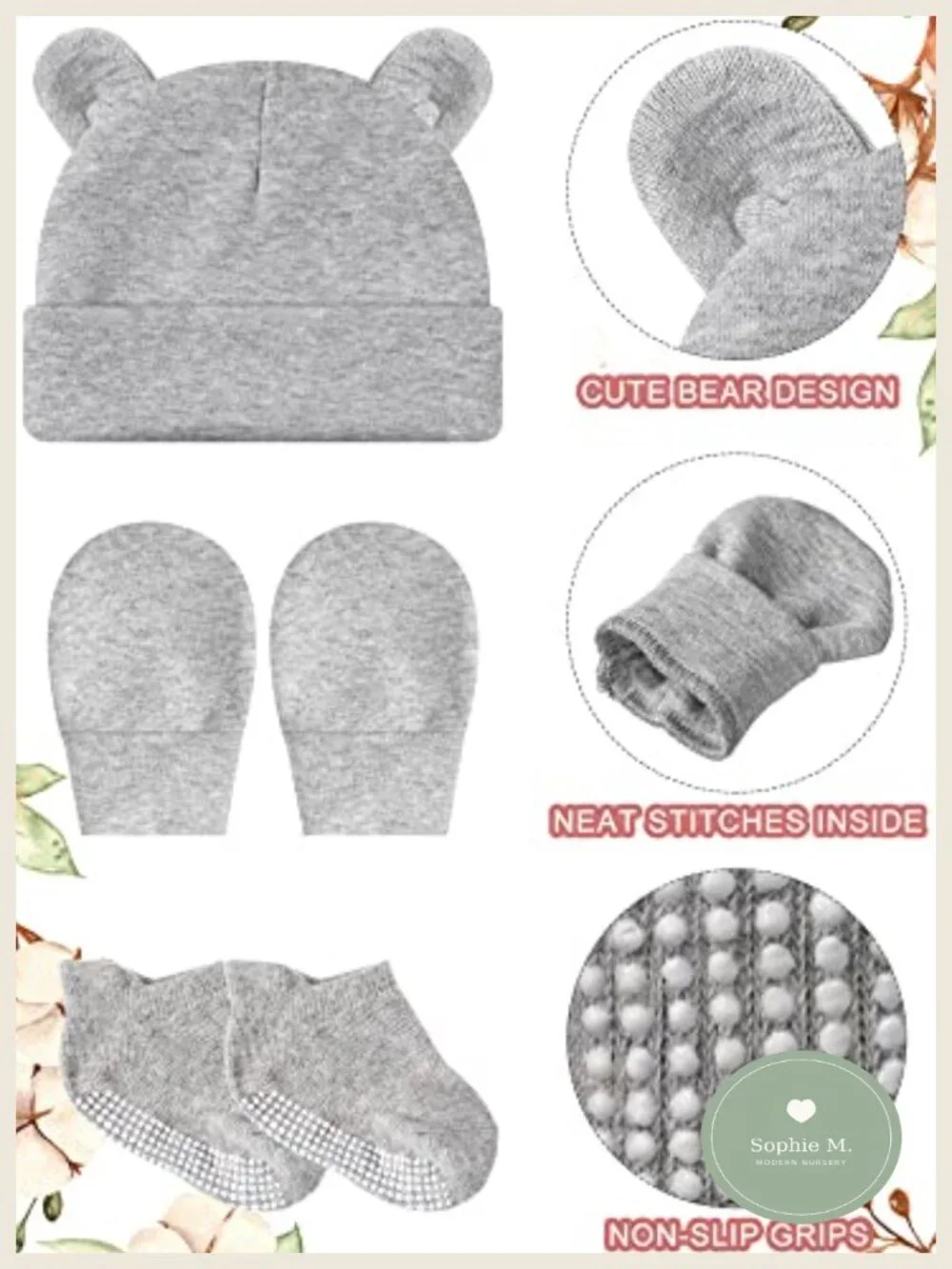 6 Pack Newborn Baby Hat Set with Mittens and Socks Cotton